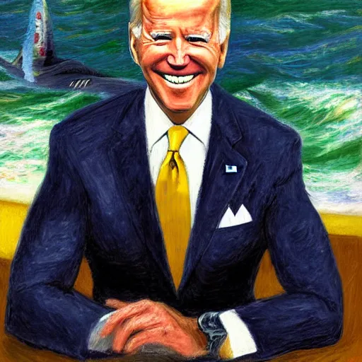 Image similar to joe biden sharkman, impressionism