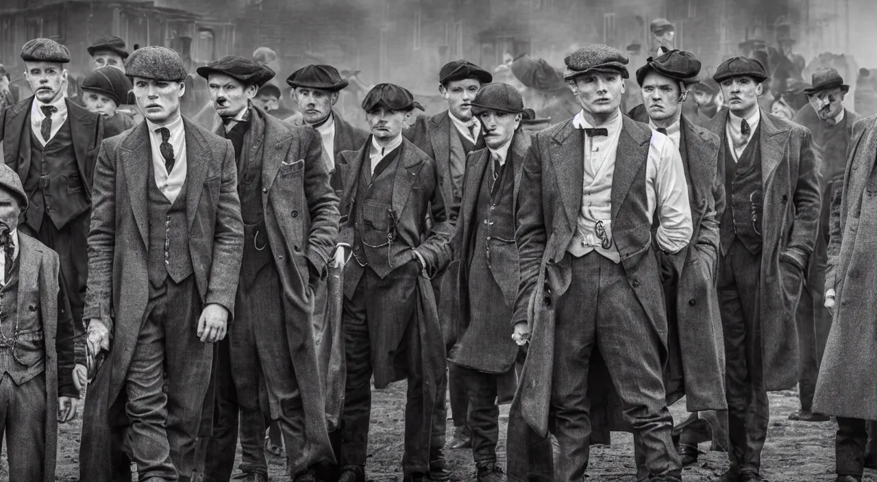 Prompt: a scene from peaky blinders, medium long shot, 3 / 4 shot, full body picture of cillian murphy, tom hardy, leonardo dicaprio, sharp eyes, serious expressions, detailed and symmetric faces, black and white, epic photo by talented photographer ansel adams,