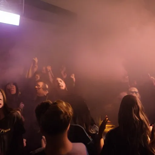 Image similar to yellow smoke surrounding a bunch of young people in a night club, surreal, dreamy