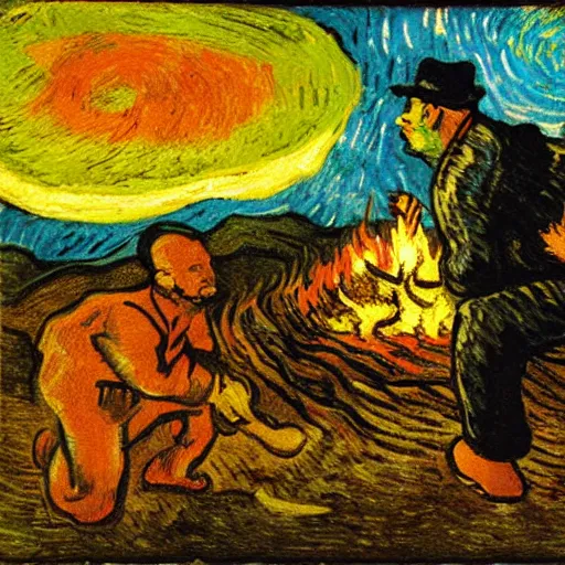 Image similar to painting of a man in hell making smores, fire, hot, bag of marshmallows, by van gogh.