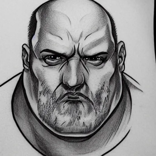 Image similar to tattoo sketch art of chonky ethan van sciver with bald head and a trimmed grey beard, artstation, cgsociety, detailed