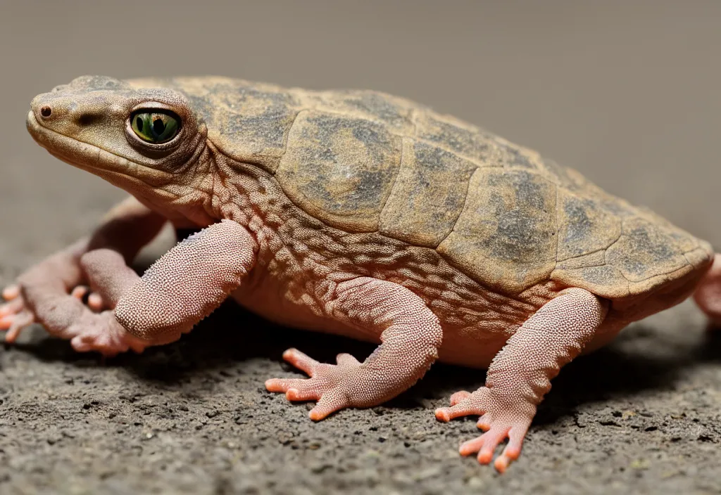 Image similar to Photo of a young New Zealand pink gecko tortoise, cute, nature photography, National Geographic, black background, 4k, award winning photo