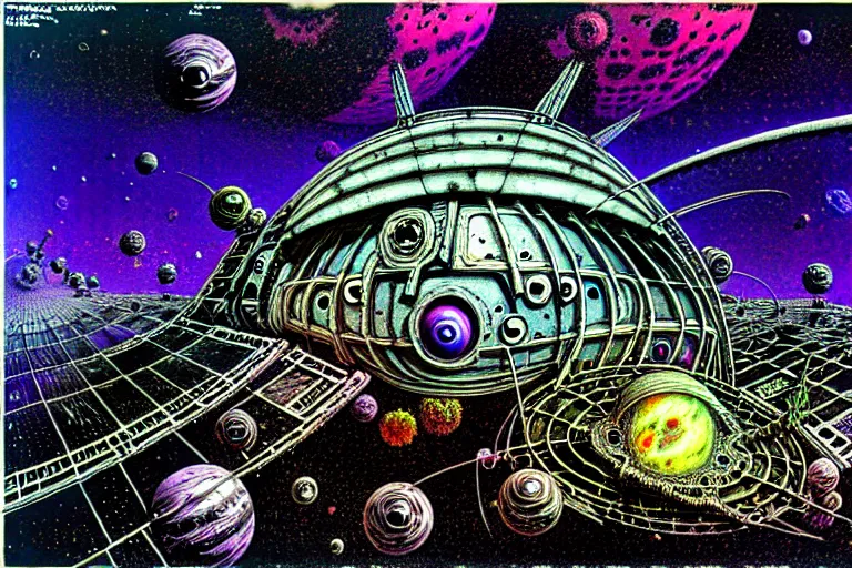 Image similar to ian miller, rotten space station, floating in psychedelic space nebula, highly detailed