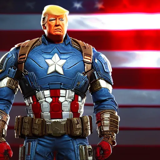 Prompt: donald trump as captain america in gears of war, splash art, maga, patriot, detailed face, movie still, cinematic lighting, dramatic, glowing, ray tracing, octane render, long lens, shallow depth of field, bokeh, anamorphic lens flare, 8 k, hyper detailed, 3 5 mm film grain