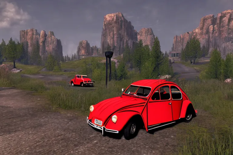 Image similar to red and black citroen 2 cv ( 1 9 6 5 ) driving across the rift, riften city in the background, epic fantasy, the elder scrolls v : skyrim, dramatic lighting, establishing shot, by simon stalenhag