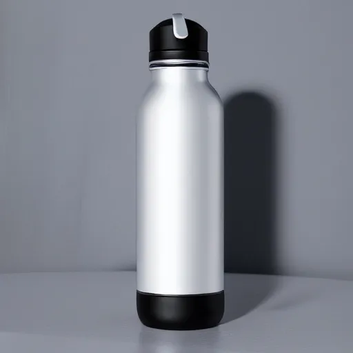 Image similar to cinematic photoshoot of clean modern hand crafted super futuristic tech water bottle pro display xpr luxury smooth color metal white silver with black leather padding well design ultrareallistic detailed high quality 8 k photorealistic ultra realistic