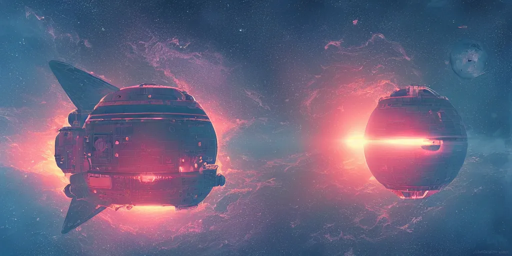 Prompt: a minimalist deep space space station floating planet by alena aenami