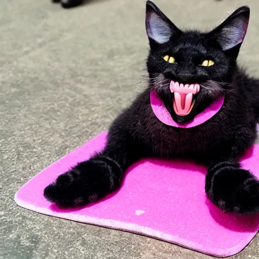 Image similar to a dwarf tabaxi, black fur, wearing pink flip flops, laughing hysterically