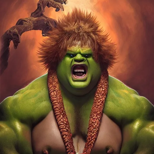 Image similar to chris farley as blanka from street fighter with green skin and orange body hair, flexing, ultra realistic, concept art, intricate details, eerie, highly detailed, photorealistic, octane render, 8 k, unreal engine. art by artgerm and greg rutkowski and magali villeneuve and alphonse mucha