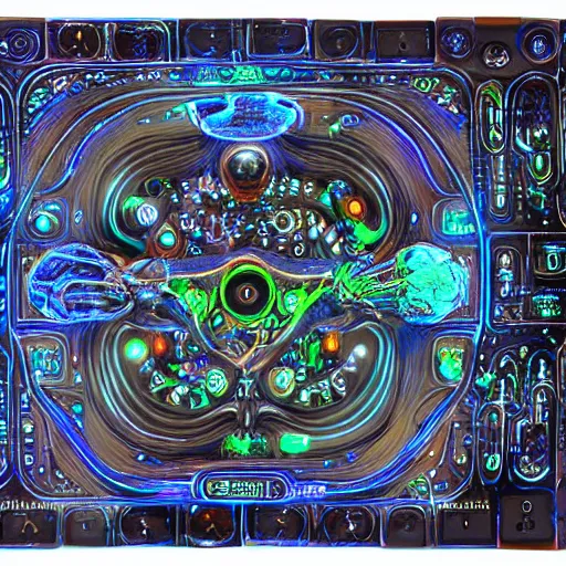 Prompt: bioluminescent ancient cybernetic quantum computer valve body, sharp focus, hyper detailed masterpiece