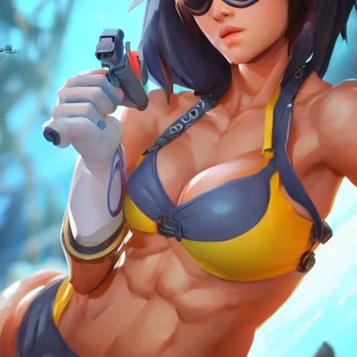 Image similar to a highly detailed portait of tracer from overwatch in a bikini, digital art, pretty face, muscular, very beautiful face, very detailed eyes, 8 k resolution, by wlop, greg rutkowski, full body