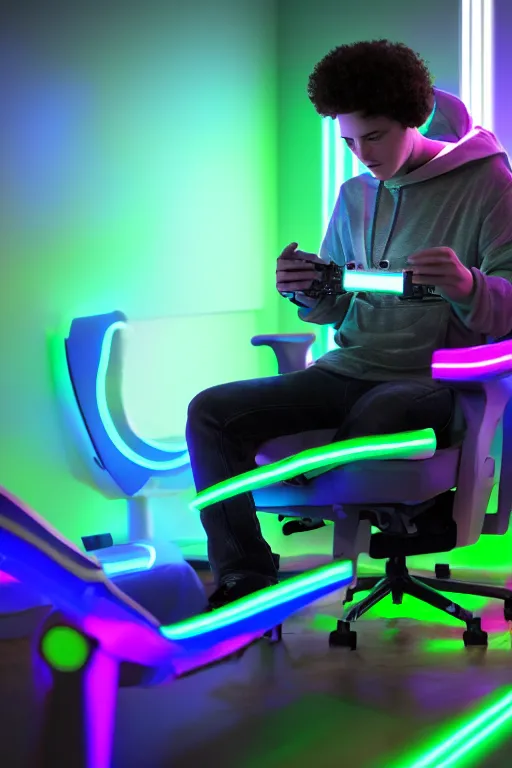 Image similar to a young male gamer sitting in gaming chair wearing a hoodie + neon rgb light strips, large computer monitor, space themed walls, cute bernedoodle puppy sitting at his feet, 4 k, award winning, octane render, volumetric lighting