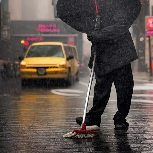 Image similar to closeup portrait of a cleaner with a giant mop in a rainy new york street, by Steve McCurry and David Lazar, natural light, detailed face, CANON Eos C300, ƒ1.8, 35mm, 8K, medium-format print