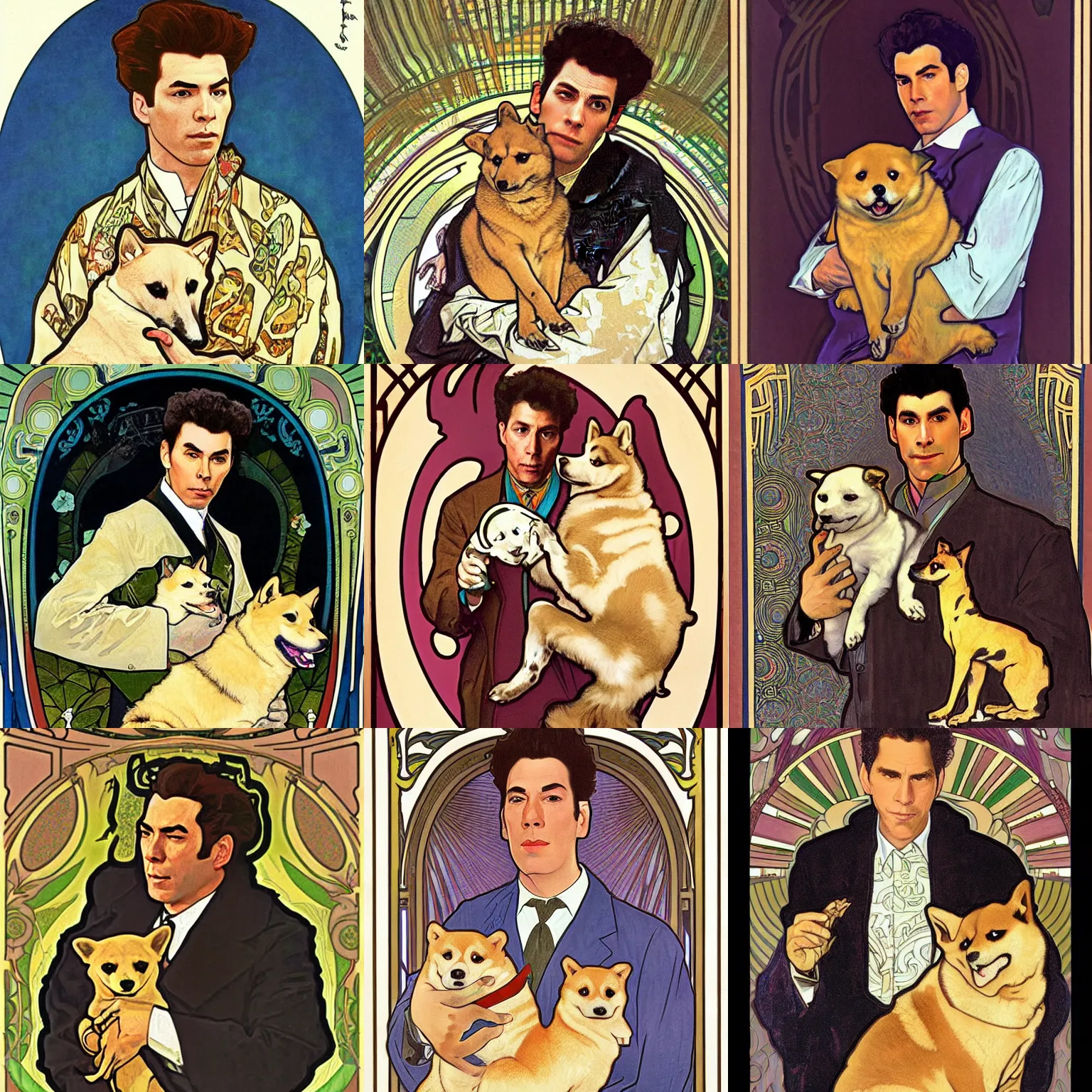 Prompt: portrait of kramer from seinfeld holding doge shiba inu, art nouveau, by alphonse mucha