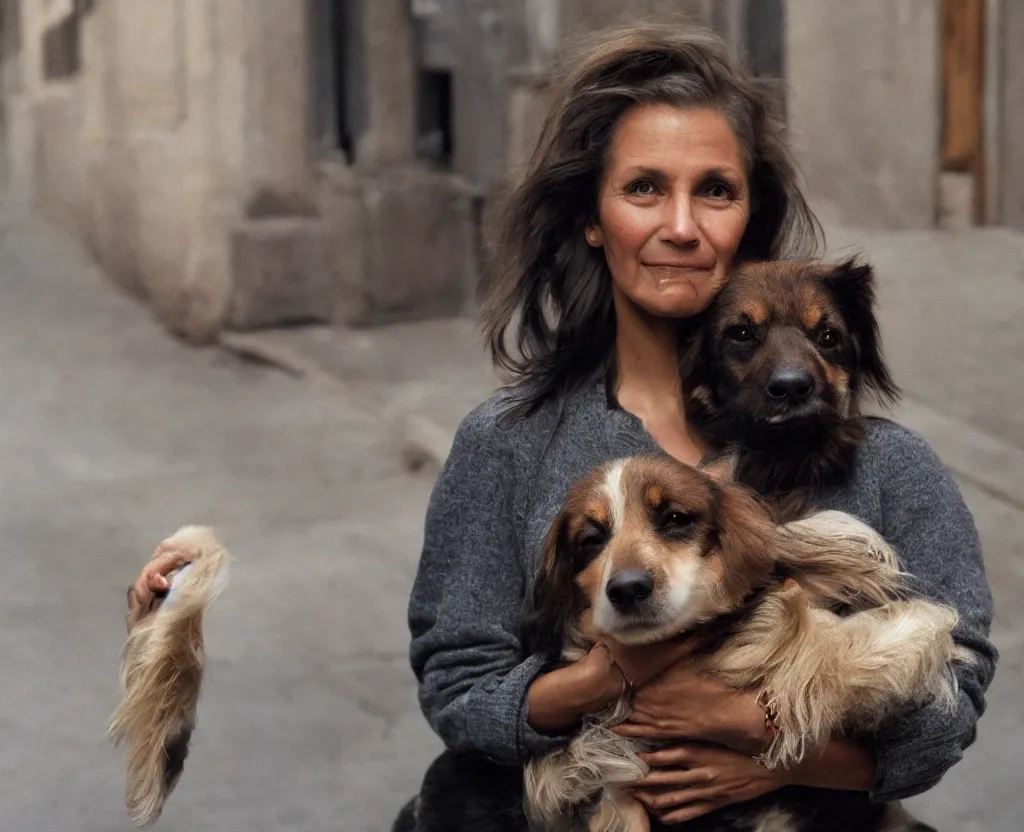 Image similar to closeup portrait of beautiful woman carrying a dog, smoky new york back street, by annie leibovitz and steve mccurry, natural light, detailed face, canon eos c 3 0 0, ƒ 1. 8, 3 5 mm, 8 k, medium - format print