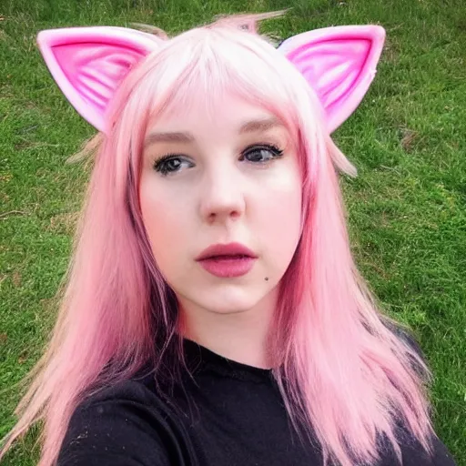 Image similar to photo of a young woman with messy pink hair and cat ears