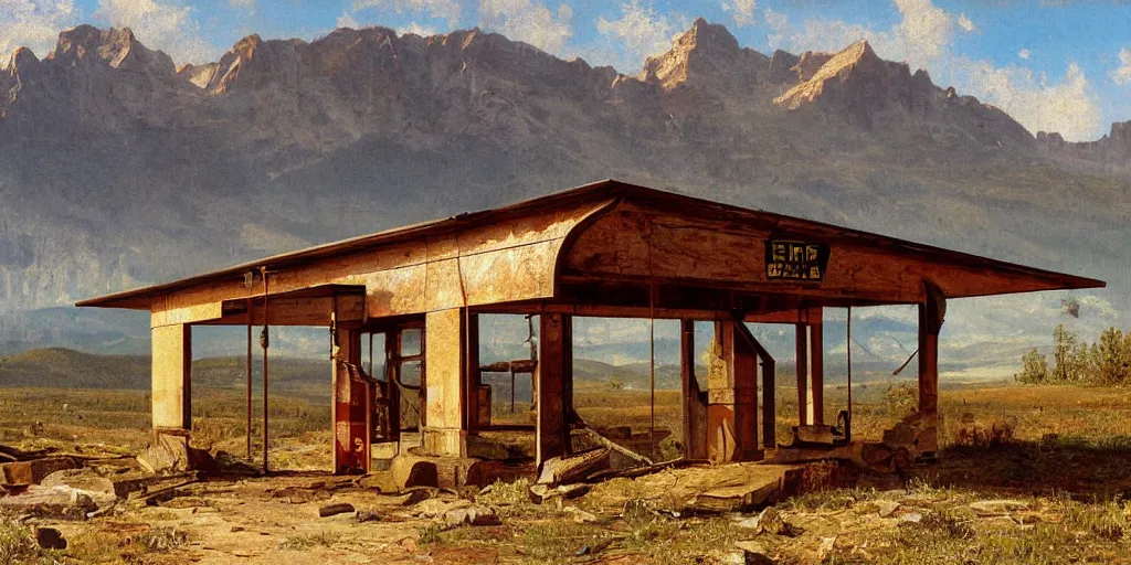 Image similar to an abandoned old rusty American gas station in Colorado mountains, oil painting, highly detailed, artwork, in style of Albert bierstadt