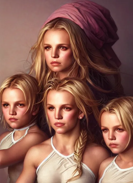 Prompt: close up portrait of britney spears teen triplets, three teenagers -, ambercrombie by artgerm, cushart krenz, greg rutkowski, mucha. art nouveau. gloomhaven, natural tones, vibrant colors, sharp edges. ultra clear detailed. 8 k. elegant, intricate, octane render