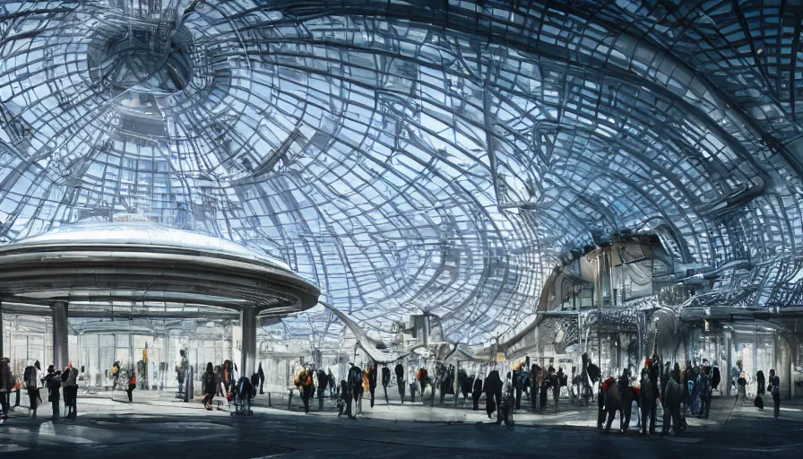 Prompt: outside view of a futuristic white glass dome train station in london with trees and crowded square around, trains, hyperdetailed, artstation, cgsociety, 8 k