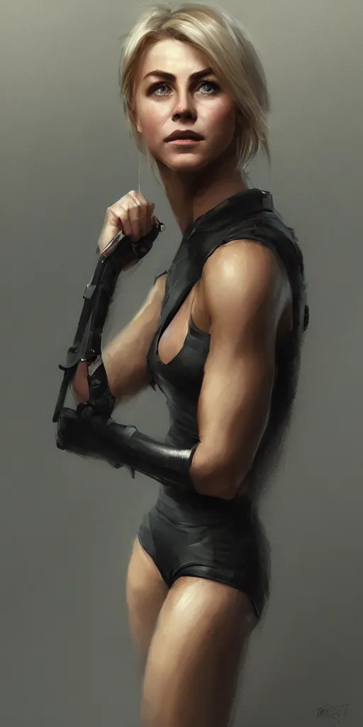 Image similar to portrait of julianne hough by greg rutkowski and wlop, a secret agent, wearing black shorts, wearing black boots, wearing a cropped top, blade runner, highly detailed portrait, digital painting, artstation, concept art, smooth, sharp focus ilustration, artstation, hq