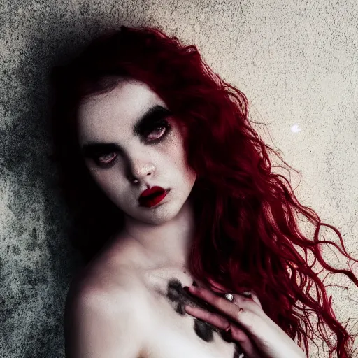 Prompt: beautiful necromancer girl with red wavy hair and piecing eyes, soft flawless pale skin, wearing a black crop top photography dramatic dark lighting, hyperrealistic