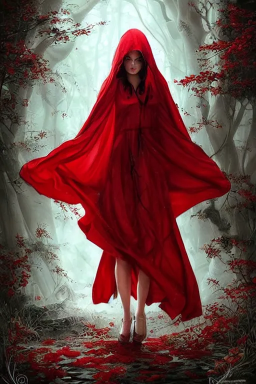 Image similar to Ethereal red riding hood, intricate detail, ornate, conceptual art, soft light, dynamic, art by artgerm