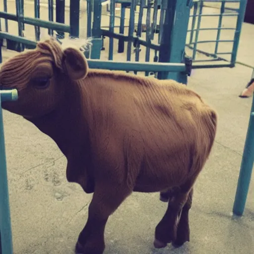 Prompt: mugshot of a cute calf dressed as an inmate inside jail