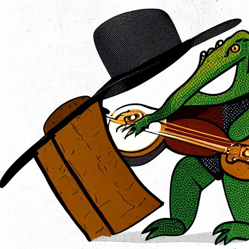 Prompt: an illustration of a alligator playing a banjo and wearing a cowboy hat