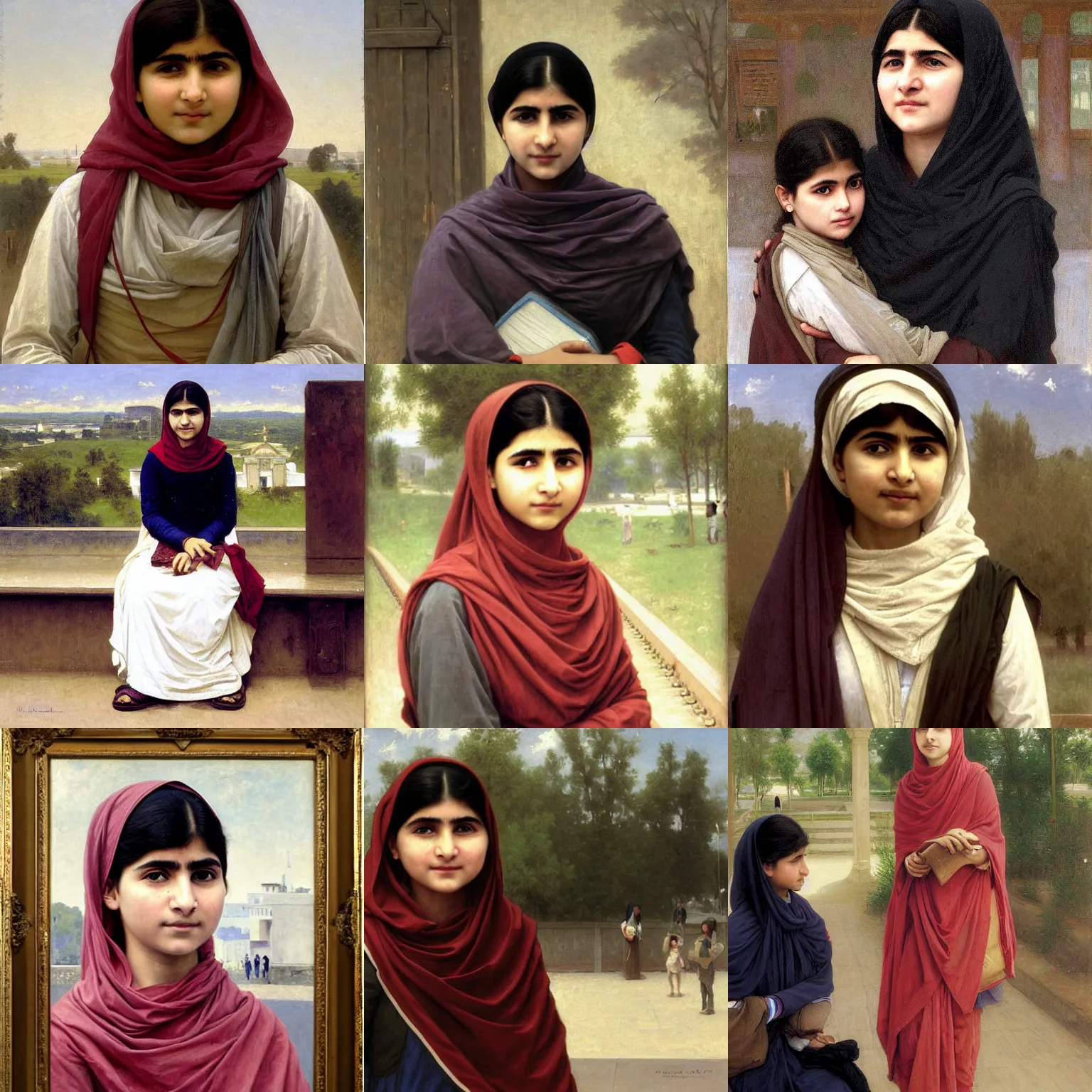 Prompt: Malala Yousafzai at a train station, oil painting by William-Adolphe Bouguereau