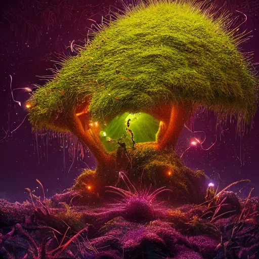 Image similar to a beautiful macro photography of moss with alien fungus and fireflies, hyper detailed, warm volumetric lights, made by gerald brom and mike winkelmann, photorealism.