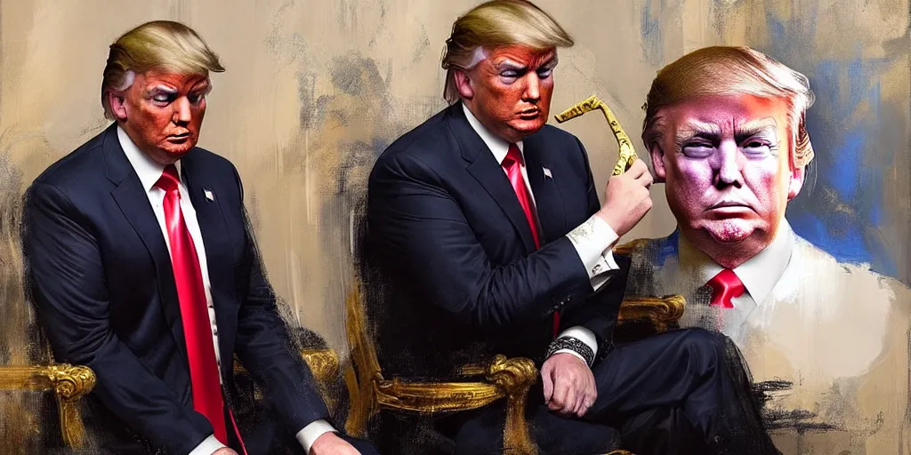 Prompt: character art by ruan jia, young donald trump paints a portrait of himself older at mar - a - lago