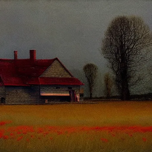 Prompt: An American house on a field with a skinwalker hidden oil painting in style of Zdislaw Beksinski