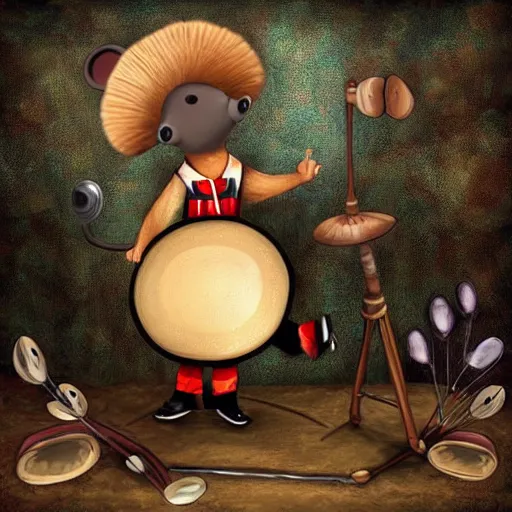 Prompt: mouse with drum, musician dress, fantasy forrest background, digital art, close up