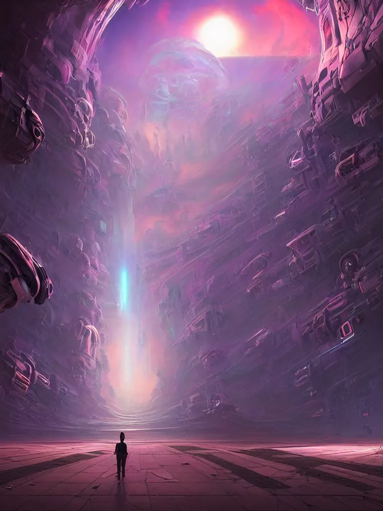 Image similar to entrance to ethereal realm, humans and robots, rendered in unreal engine, central composition, symmetrical composition, dreamy colorful cyberpunk colors, 6 point perspective, fantasy landscape with anthropomorphic!!! terrain!!! in the styles of igor morski, jim warren, and rob gonsalves, intricate, hyperrealistic, volumetric lighting, big sky, distinct horizon