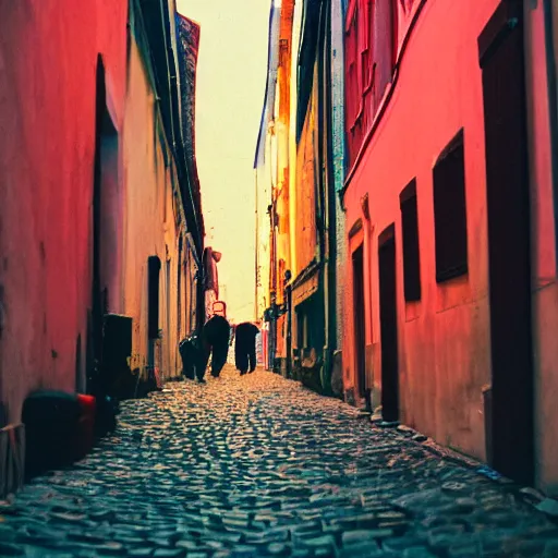 Prompt: Narrow polish street full of colorful vintage neons, crowd of partying people, late evening, 35mm f2.8, focus on the neons, full frame, film photography