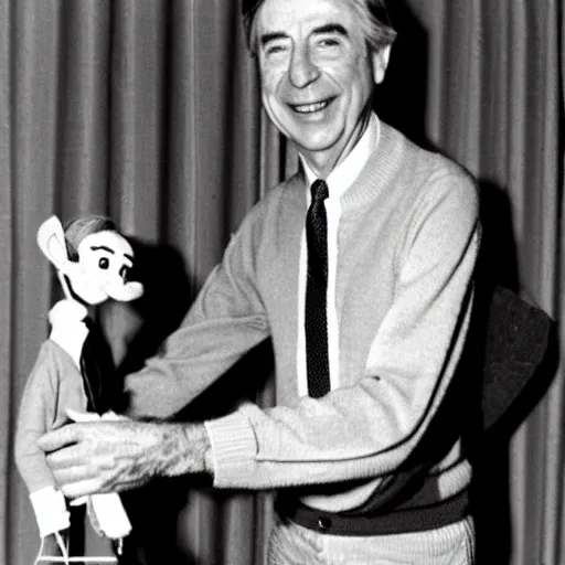 Image similar to mr. rogers proudly displaying a hand - carved mr. rogers marionette. 1 9 7 0 s photo.