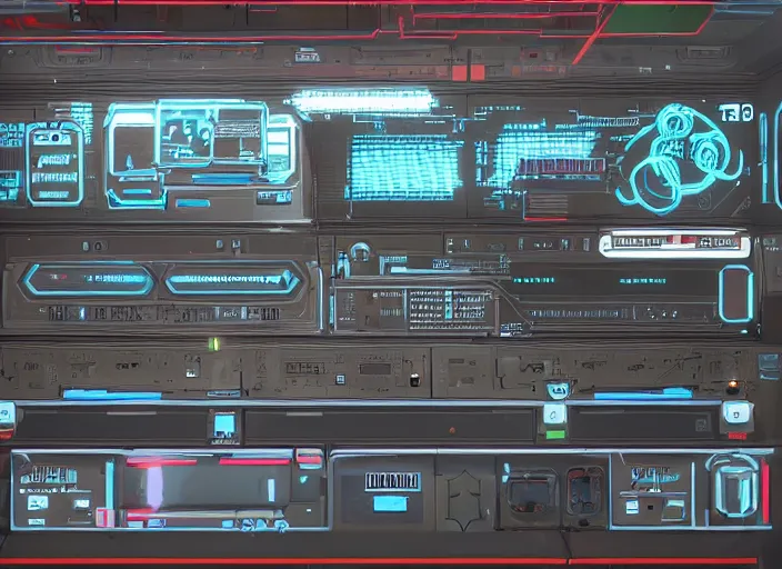 Prompt: simple cyberpunk graphics user interface ( gui ) depicting operational controls of a mech robot in the style of alien isolation. design by mark coleran or jayse hansen ( 1 9 9 1 ). top of r / cassettefuturism