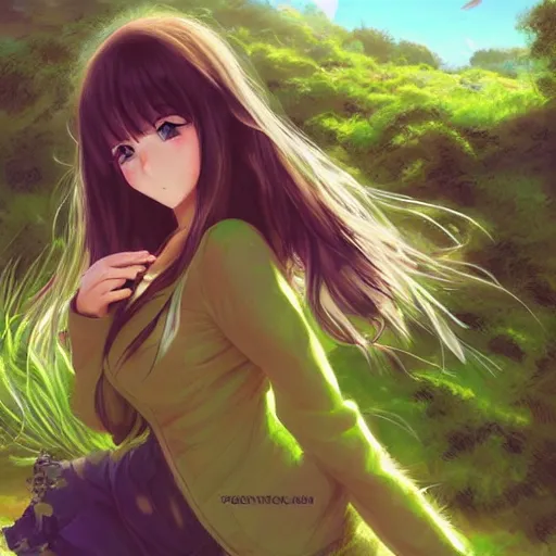 Prompt: anime girl in beautiful green valley and blue skies, digital art by Rossdraws and Artgerm.