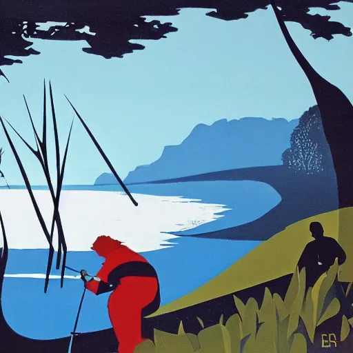 Prompt: eyvind earle fishing game