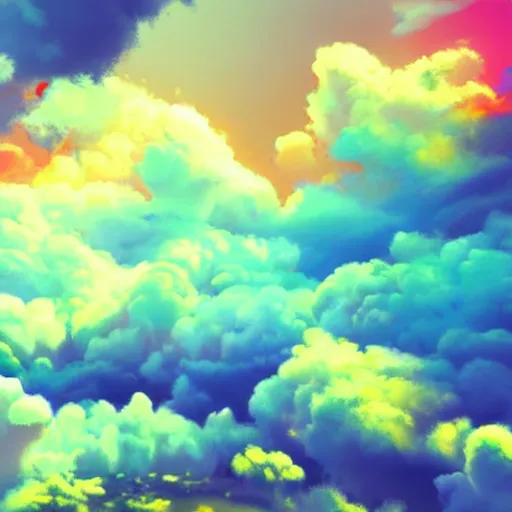 Prompt: puffy clouds, drew struzan movie poster style, vfx art, unreal engine render, claymation style, colourful, volumetric light, digital painting, digital illustration, dramatic light,