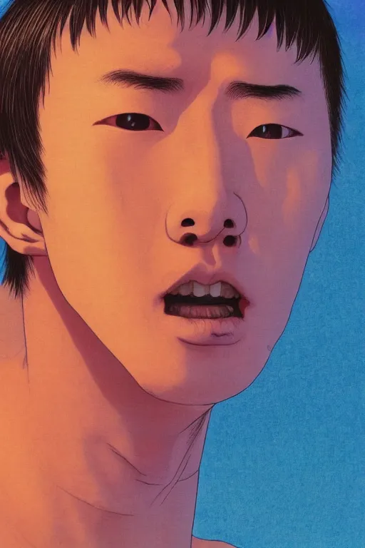 Image similar to a scifi closeup portrait of a young japanese man licking a blotter paper of LSD acid on his tongue and dreaming psychedelic hallucinations in cosmos, by kawase hasui, moebius, Edward Hopper and James Gilleard, Zdzislaw Beksinski, Steven Outram colorful flat surreal design, hd, 8k, artstation