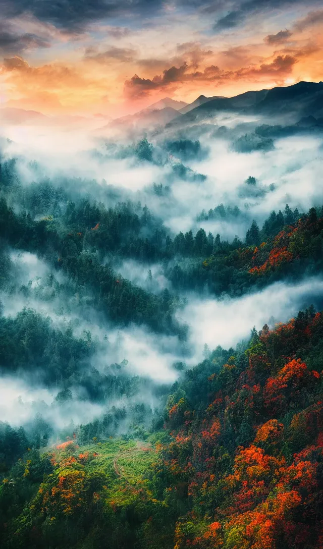 Image similar to magical landscape, photograph, colorful, mountains, misty, high detail