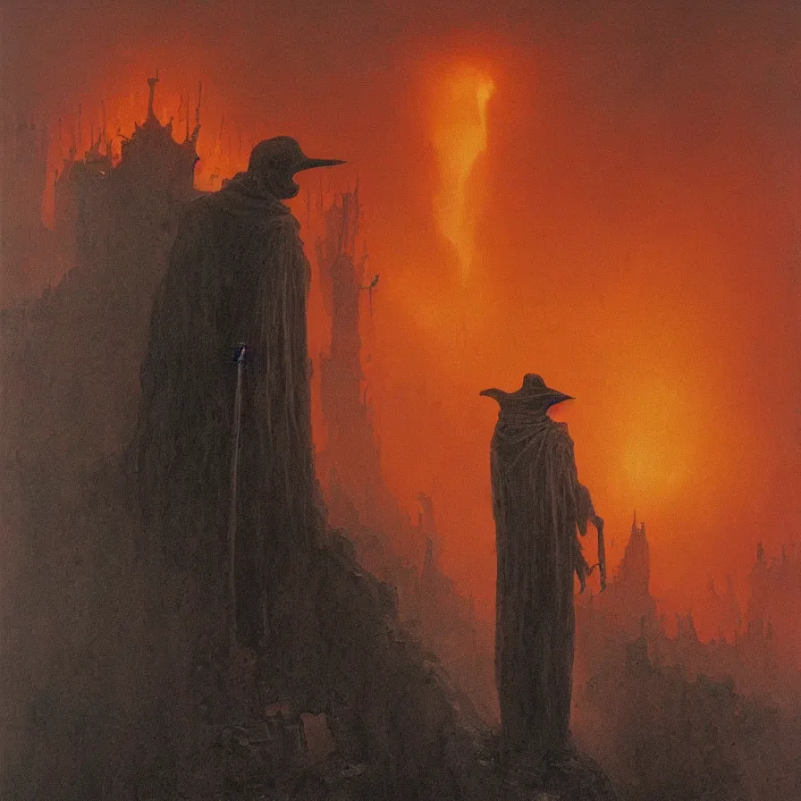 Image similar to plague doctor from iron gridle but human form, destroyed city and flames by zdzislaw beksinski, color