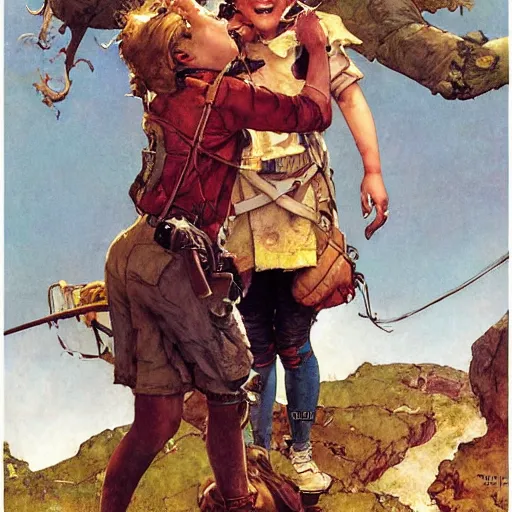 Prompt: happy female adventurer, by jon foster and norman rockwell.