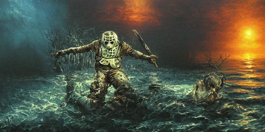 Prompt: hyper detailed beautiful painting of jason voorhees dead under water, volumetric lighting, dark, scary, back lit, by thomas kinkade