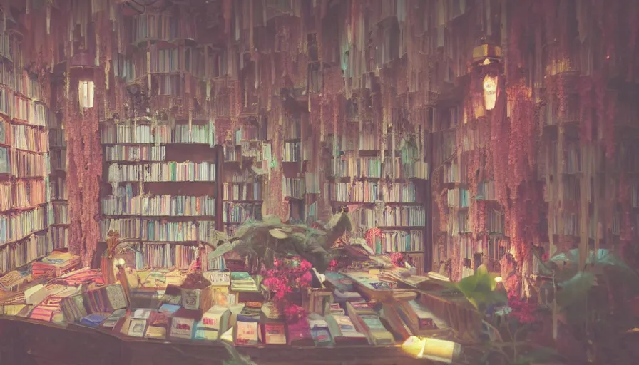 Prompt: a Wes Anderson 35mm film still of a very surreal magic bookshop with a beautiful dream like waterfall inside, apothecary, botanical garden, falling cherry blossom pedals, in the style of Gucci, glowing lights and floating lanterns, foggy atmosphere, crystals, rainy, moody, muted colors, magic details, very detailed, 8k, cinematic look, octane render, psychedelic,