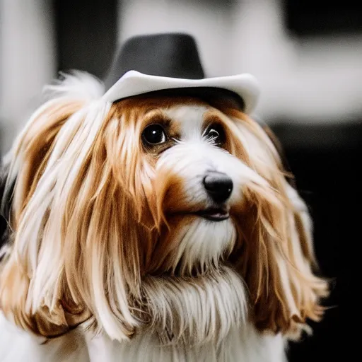 Image similar to a cream-colored Havanese dog dressed as a mariachi Singer, Leica 35mm, 4K