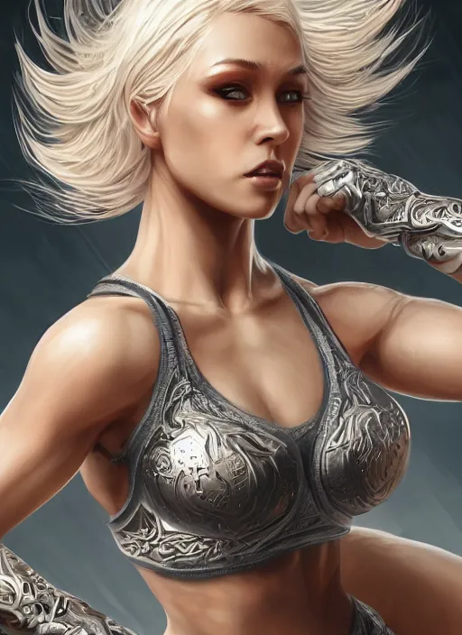 Prompt: a highly detailed illustration of beautiful short platinum blonde haired woman wearing mma bra, heroic martial arts muay thai stance pose, muscular, intricate, elegant, highly detailed, centered, digital painting, artstation, concept art, smooth, sharp focus, league of legends concept art, WLOP