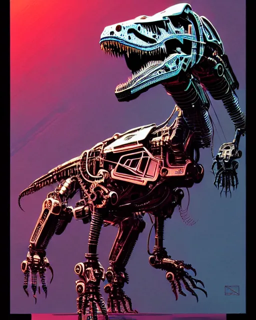 Image similar to a cyberpunk intricate mechanical robot t - rex dinosaur, transformer, high details, symmetry, bold line art, by vincent di fate, kim jung gi, joe fenton, inking, scifi, screen print, masterpiece, character concept art, trending on artstation, sharp, high contrast, ultrafine hyper detailed, comic book cover, hd, 4 k, 8 k