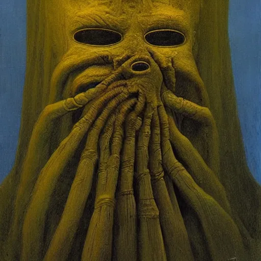 Prompt: Hastur the King in Yellow mummified monarch by Zdzisław Beksiński, high quality painting